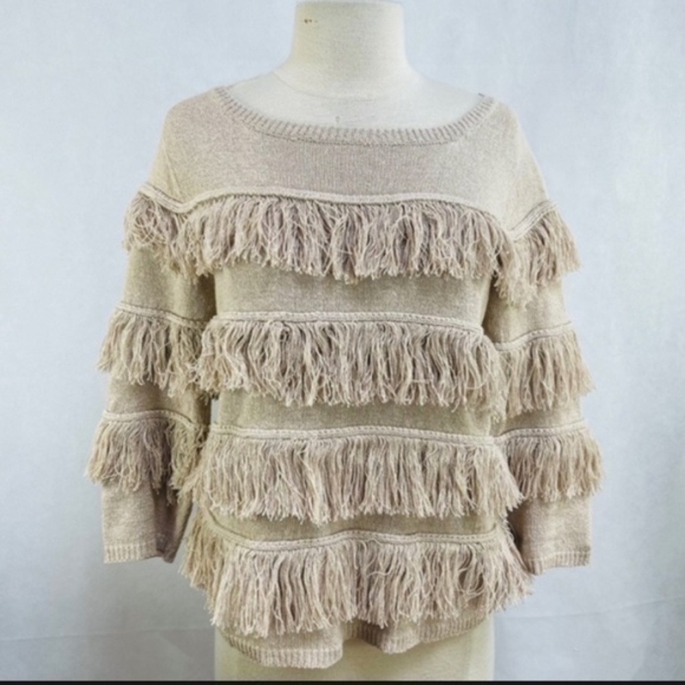 🍕🪻Opening Ceremony Cotton Linen Fringe Knit Sweater Small Oatmeal Beige